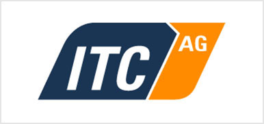 Logo of ITC AG, featuring bold letters "ITC" in white on a dark blue background and "AG" on an orange background