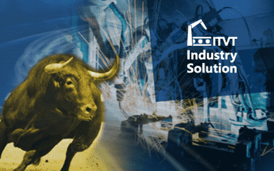 Image with a bull on the left and industrial machinery in the background, featuring the TVT Industry Solution logo in the top right corner.