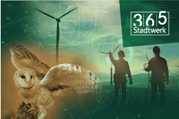 Graphic design featuring a barn owl in flight on the left and a faint overlay of two people in conversation on the right, with the logo '365 Stadtwerk' displayed prominently in the upper right corner.