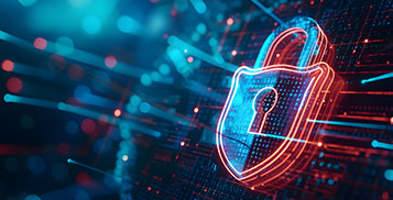 Conceptual illustration of cybersecurity and data protection, featuring a digital lock and a shield against a technical background.