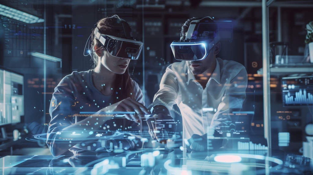 Two people wearing VR headsets interact with holographic data in a futuristic, tech-focused workspace.