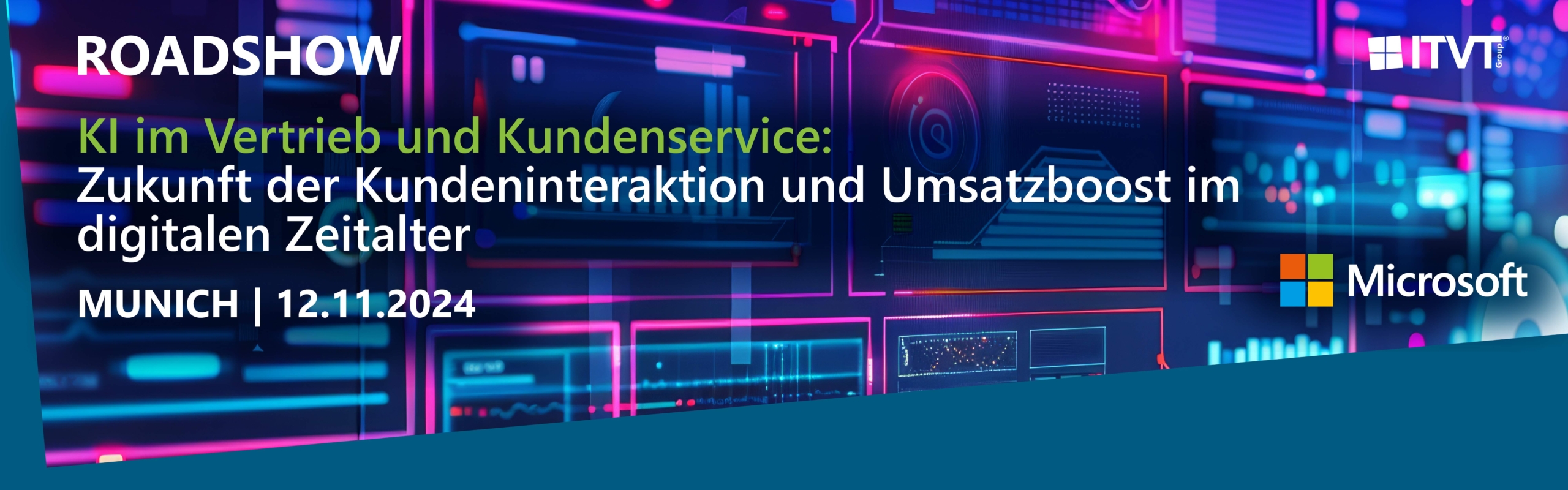 Digital-themed banner promoting a roadshow on AI in sales and customer service, highlighting future customer interaction and revenue boost in the digital age, Munich, 12.11.2024, with Microsoft and ITVT logos.
