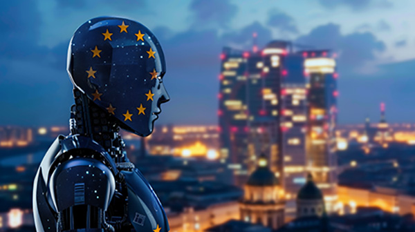 A conceptual illustration depicting the future of artificial intelligence in Europe, featuring advanced technology and innovation