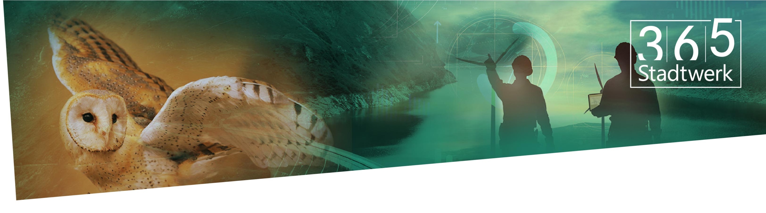 Illustration mit einer Nahaufnahme einer Eule auf der linken Seite und Silhouetten von zwei Personen mit Windkraftanlagen im Hintergrund auf der rechten Seite, überlagert mit digitalen Grafiken und dem Logo „365 Stadtwerk“.