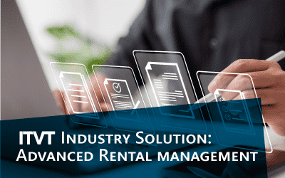 Banner für ITVT Industry Solution: Advanced Rental Management, das eine Person zeigt, die ein Tablet mit schwebenden Dokumentensymbolen verwendet.