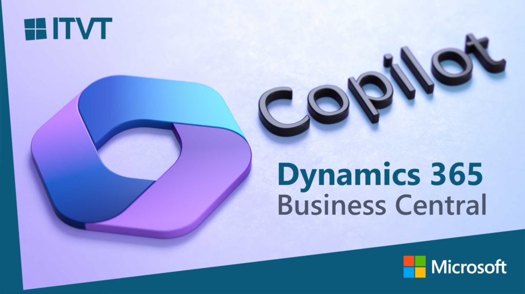 ITVT- und Microsoft-Logos mit 3D-Grafik von Dynamics 365 Business Central Copilot.