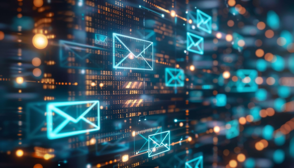 Digitale Darstellung mehrerer leuchtend blauer E-Mail-Symbole, die über einem Hintergrund aus verschwommenen Daten und Code schweben.