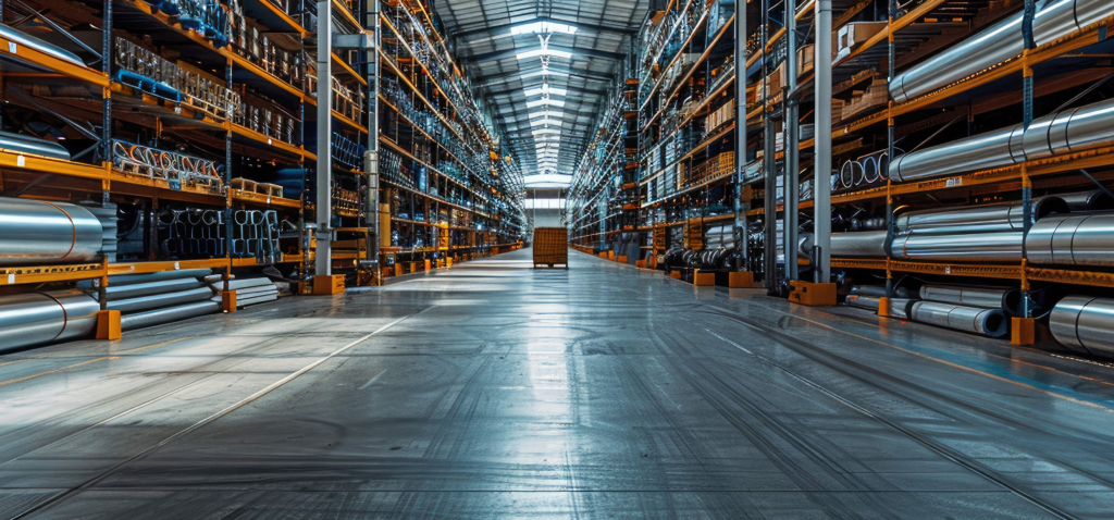 Großes Industrie-Lagerhaus mit hohen Regalen, die mit Metallrohren, Materialien und Ausrüstung gefüllt sind.
