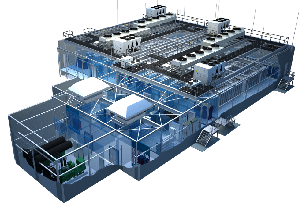 3D-Modell einer Industrieanlage mit transparenten Wänden, die die Innenausstattung und die Dachkühlsysteme zeigen.
