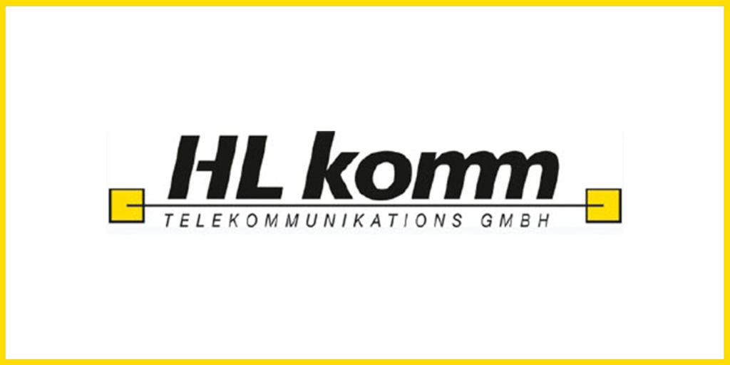 HL-Komm-Logo mit dem Schriftzug „Telekommunikations GmbH” innerhalb eines gelben Rahmens.