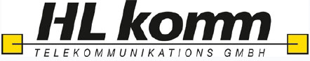HL-Komm-Logo mit dem Schriftzug „Telekommunikations GmbH” und gelben quadratischen Elementen auf jeder Seite.