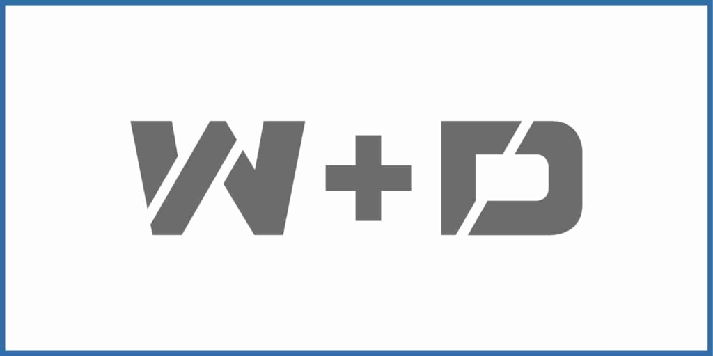 Das W+D-Logo ist auf grauem und weißem Hintergrund gut sichtbar.