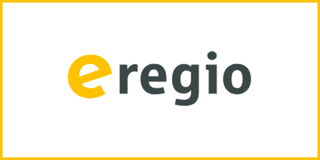 Logo von eregio mit einem gelben „e“ und grauen Buchstaben