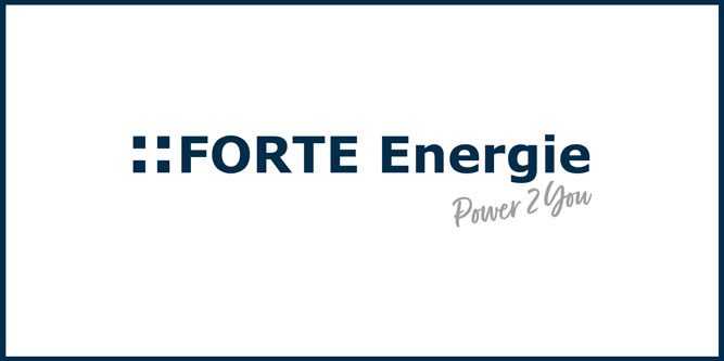 FORTE Energie-Logo mit zwei dunkelblauen quadratischen Symbolen auf der linken Seite, gefolgt vom fettgedruckten dunkelblauen Schriftzug „FORTE Energie” und dem kursiv gedruckten grauen Schriftzug „Power 2 You” auf weißem Hintergrund mit dunkelblauem Rand.