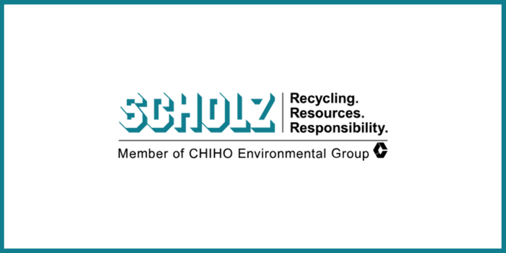 SCHOLZ-Logo in stilisierter türkisfarbener Schrift mit dem Text „Recycling. Ressourcen. Verantwortung.“ und darunter der Slogan „Mitglied der CHIHO Environmental Group“.